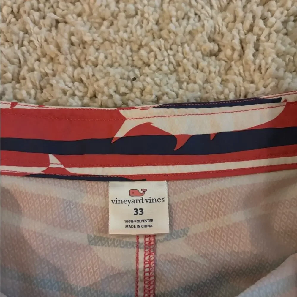 Vineyard Vines Pink Blue Striped Shark Print Swim Shorts Trunks Size 33